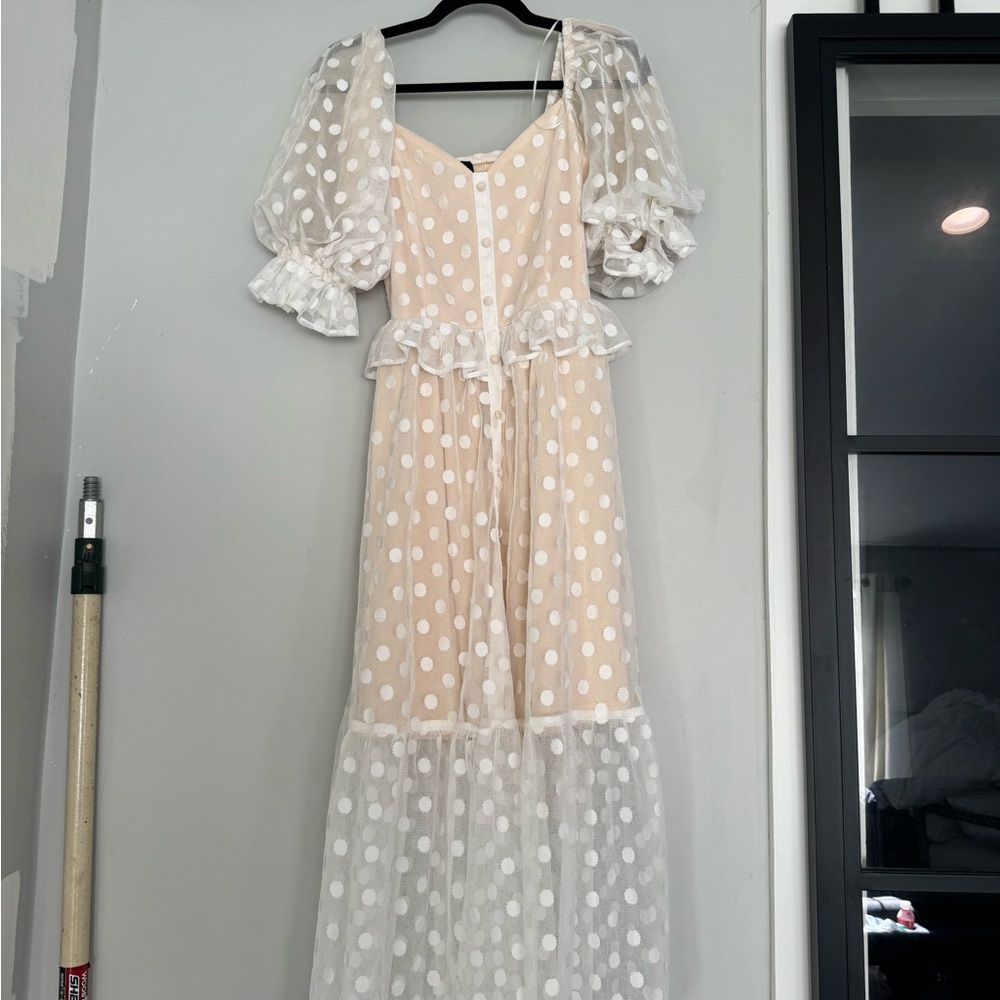 Vici Cream and White Polka Dot Long Sleeve Dress